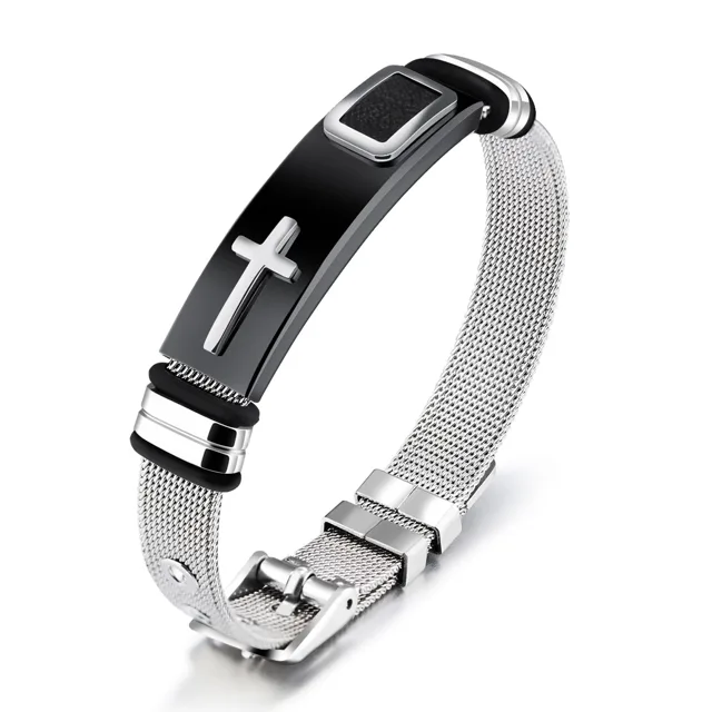 Silver woven mesh bracelet with a black cross bar and clasp