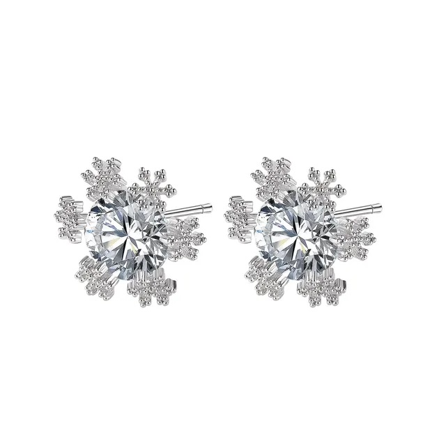 Crystal snowflake stud earrings, close view on white