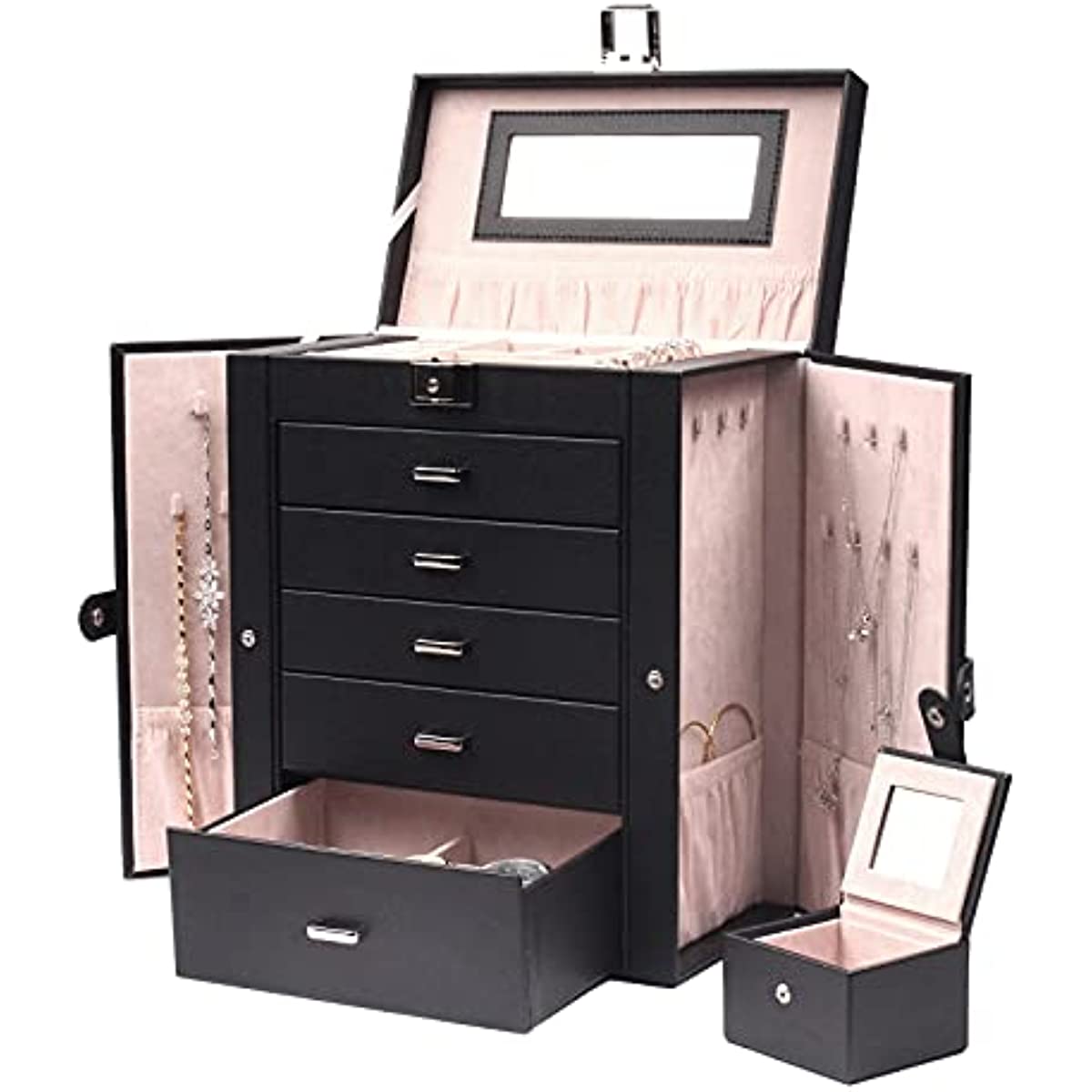 Black five-drawer jewelry cabinet open with side panels