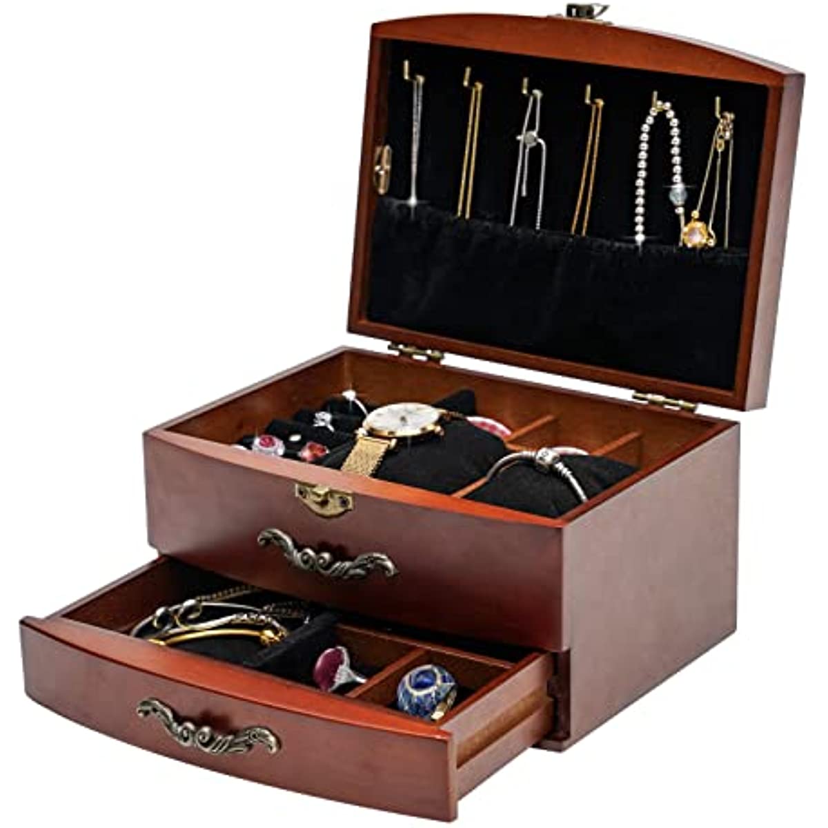 Vintage wooden jewelry chest open with a drawer extended