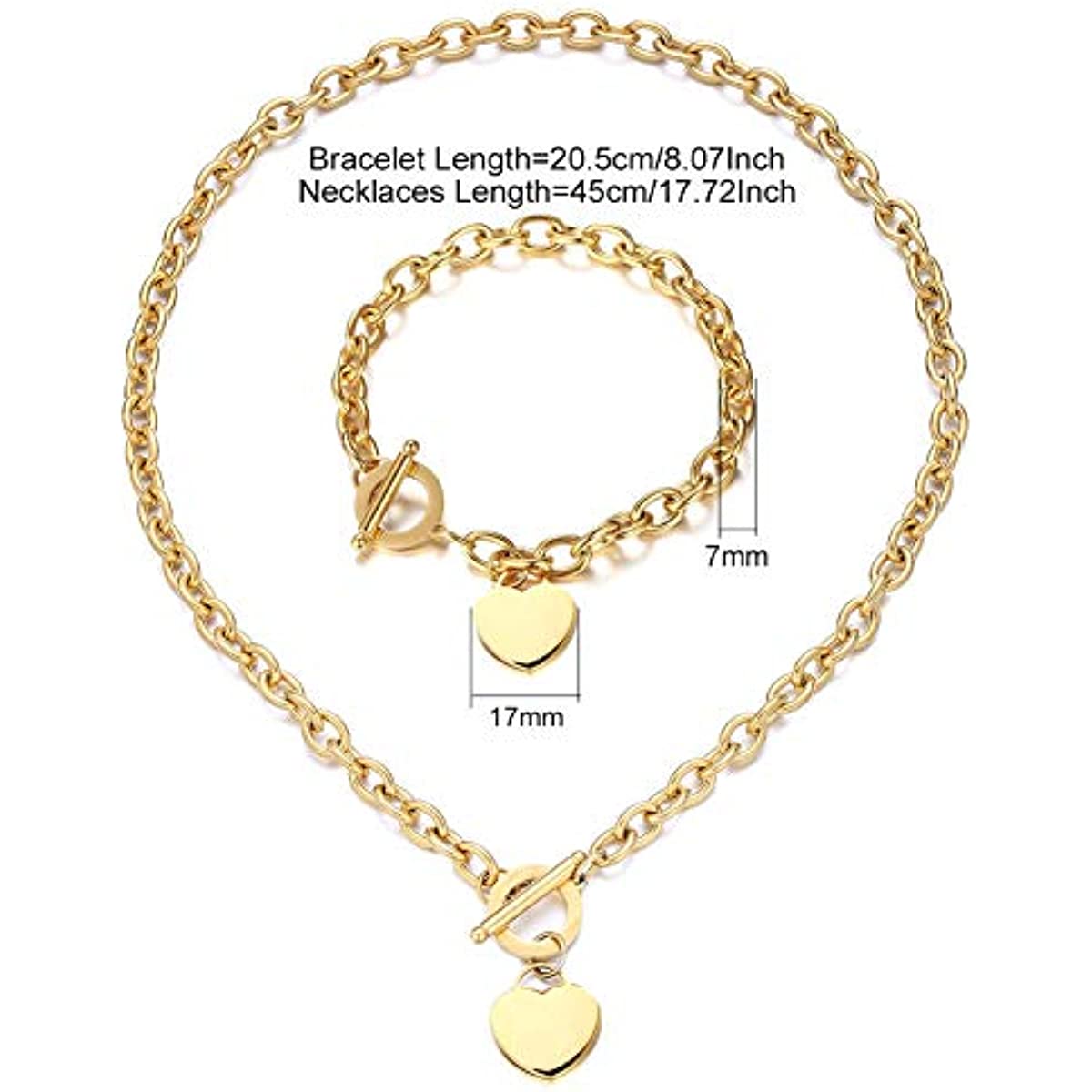 Gold set dimension diagram marking bracelet and necklace lengths
