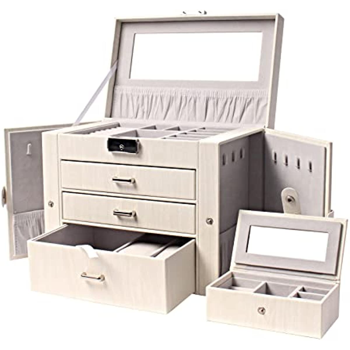 White three-drawer jewelry box open with trays and side panels