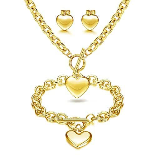 Gold heart necklace, bracelet and stud earrings set