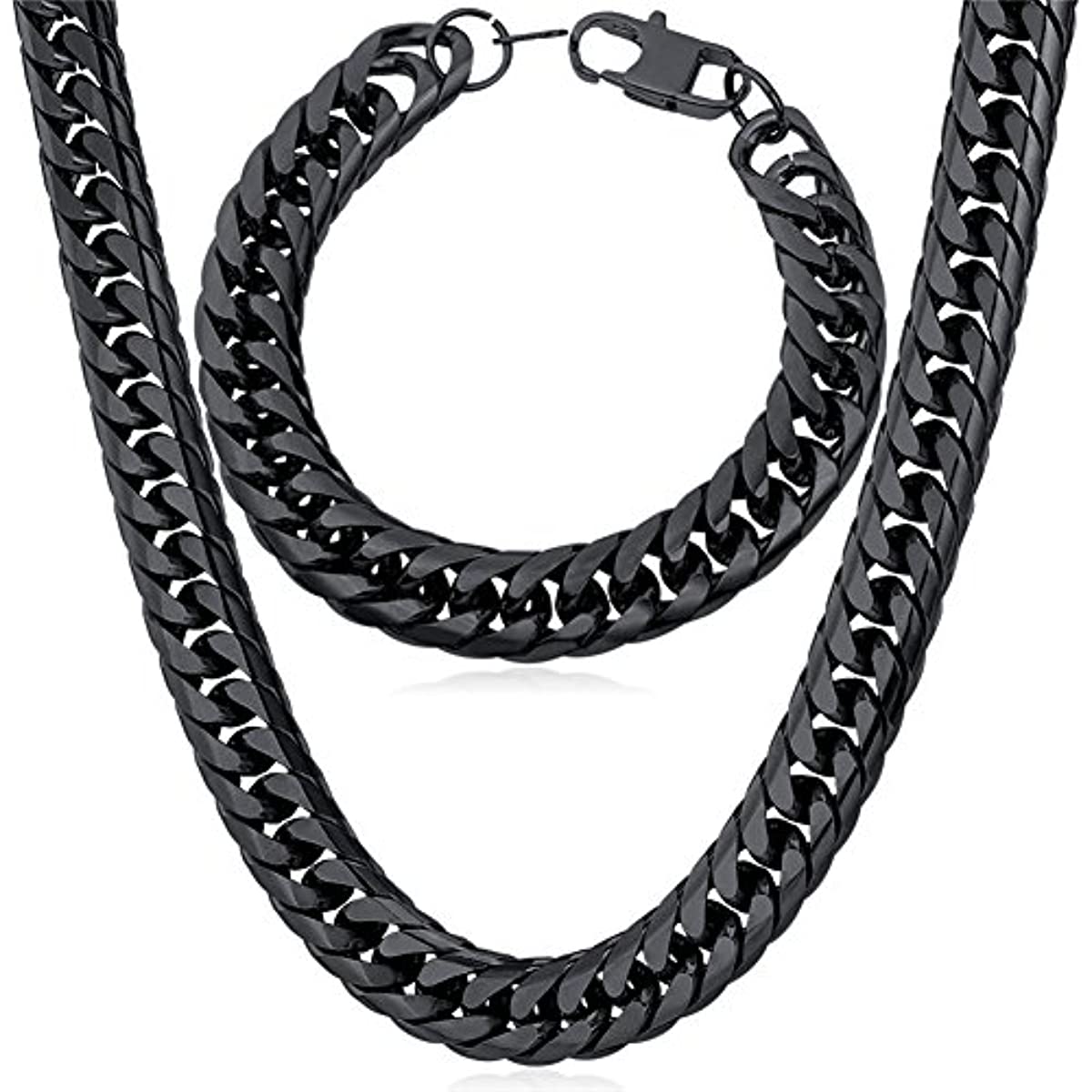 Black Cuban link necklace and bracelet set with a box clasp