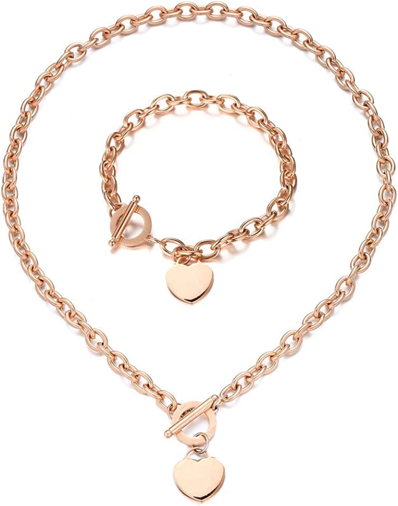 Rose gold heart pendant necklace and bracelet set with OT clasps