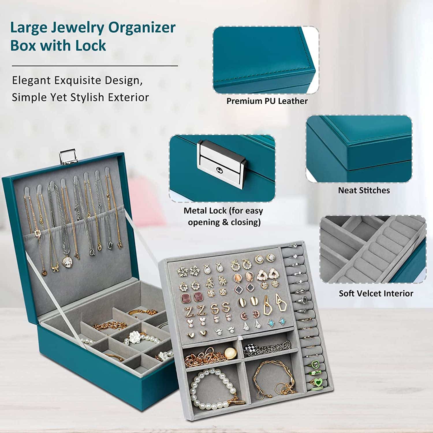 Teal jewelry organizer infographic presenting lock and layout