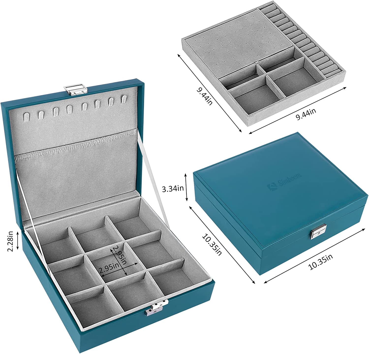 Teal jewelry box dimension diagram with closed and open views