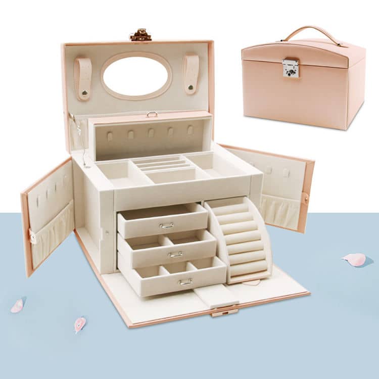 Pink multi-tier jewelry cabinet open with side panels and mirror