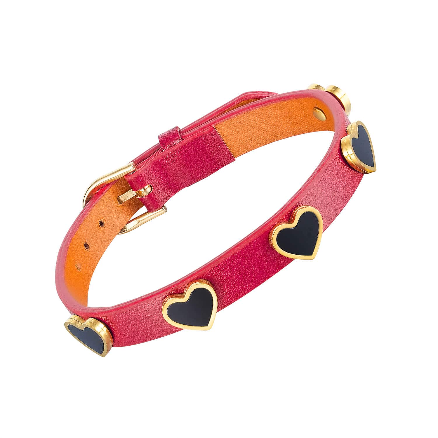 Red leather bracelet with black heart studs and gold buckle