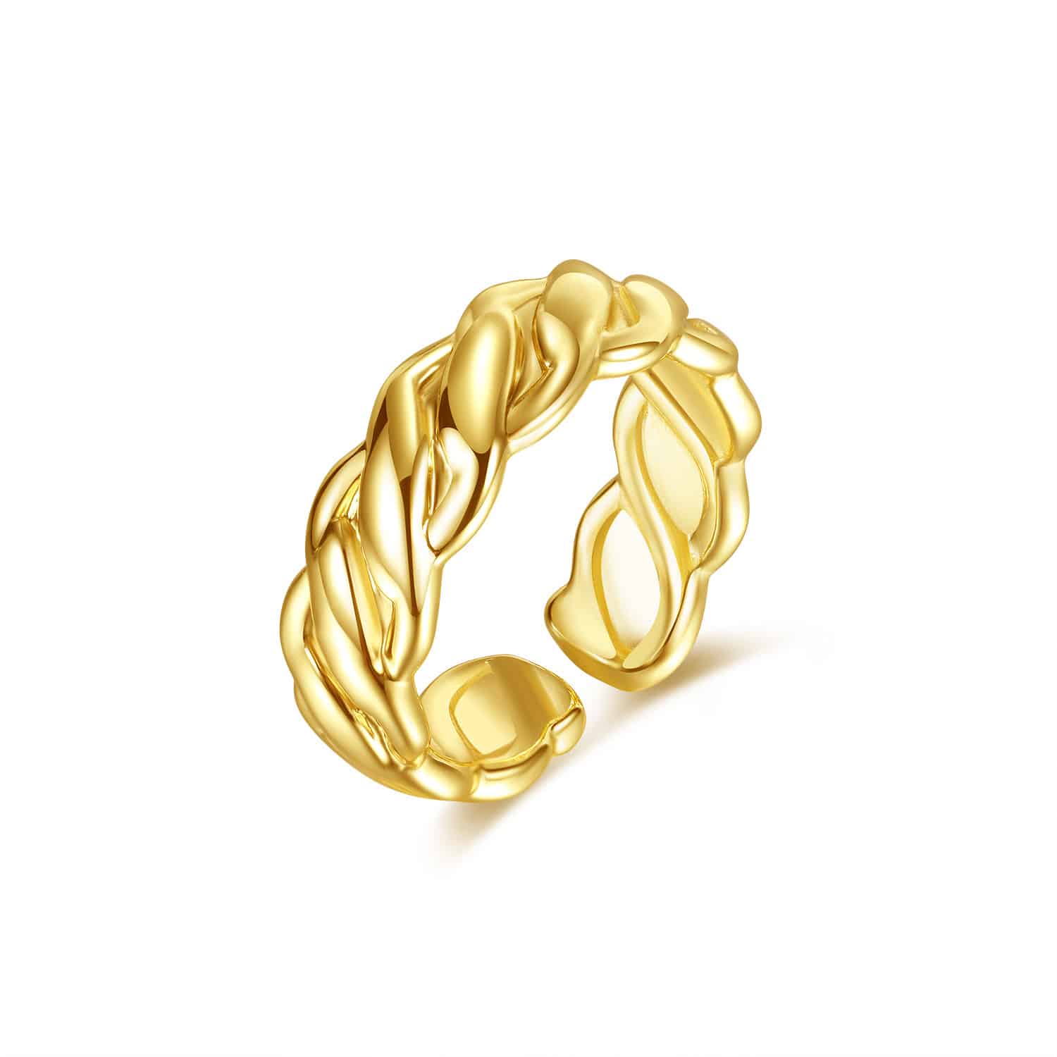 Gold twisted open ring on a white background