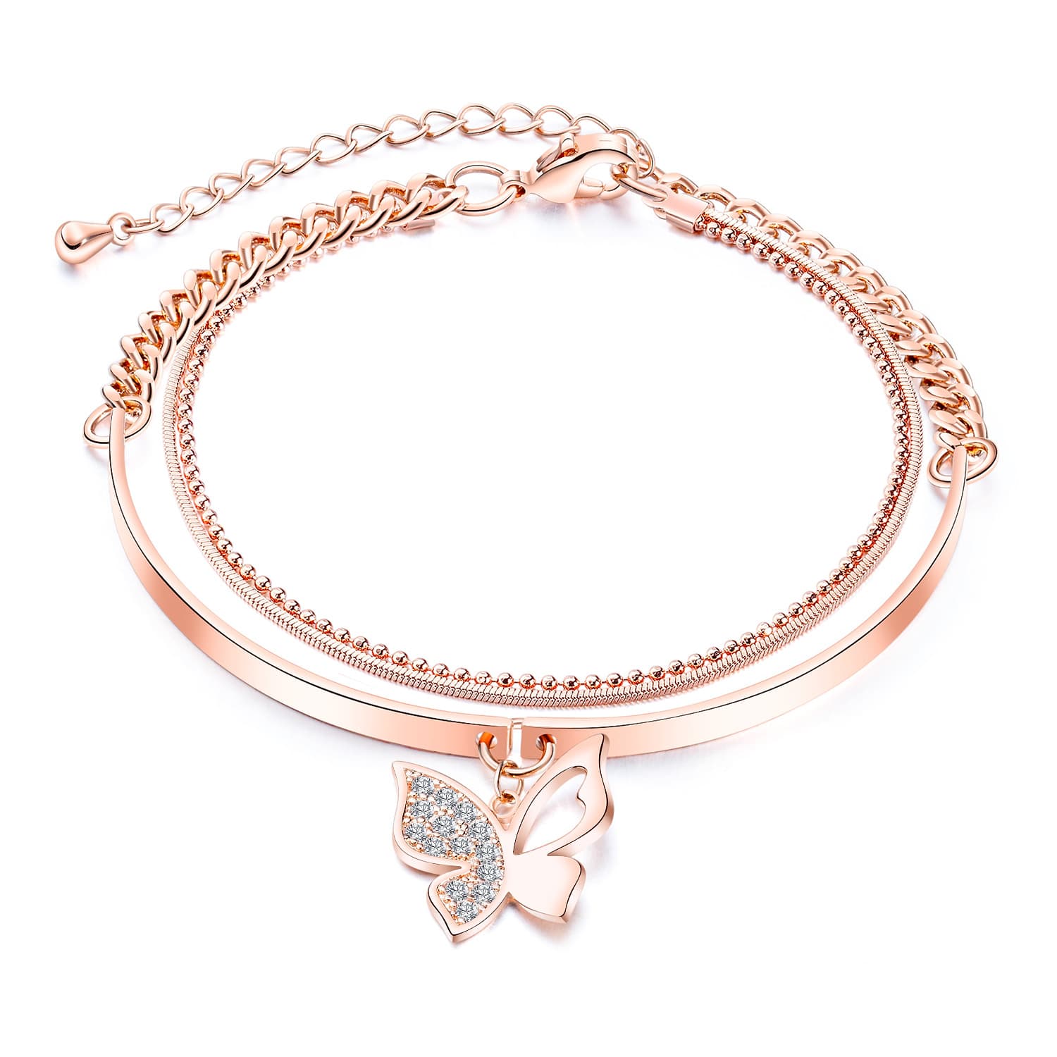Rose gold layered bracelet with a butterfly charm