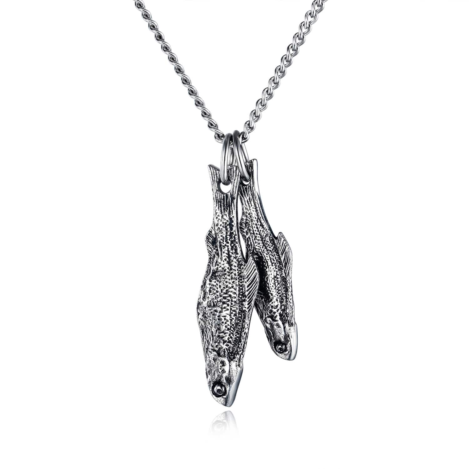 Silver fish pendant on a box chain, front view