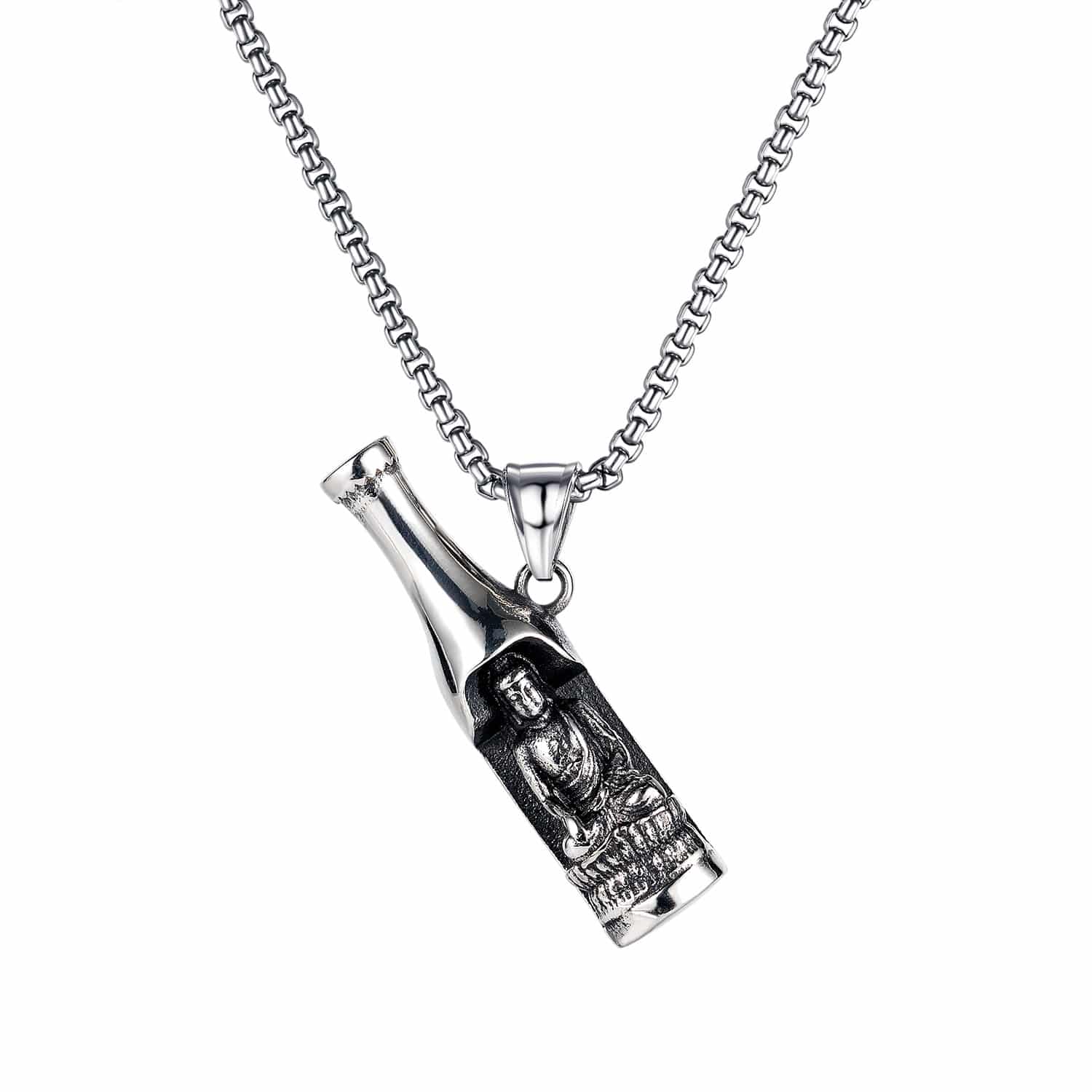 Silver bottle pendant on a box chain, front view