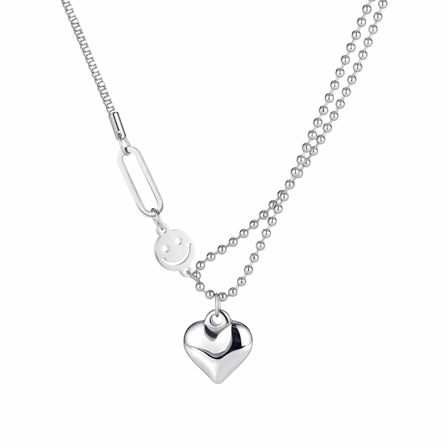 Silver double-chain necklace with a puffed heart drop