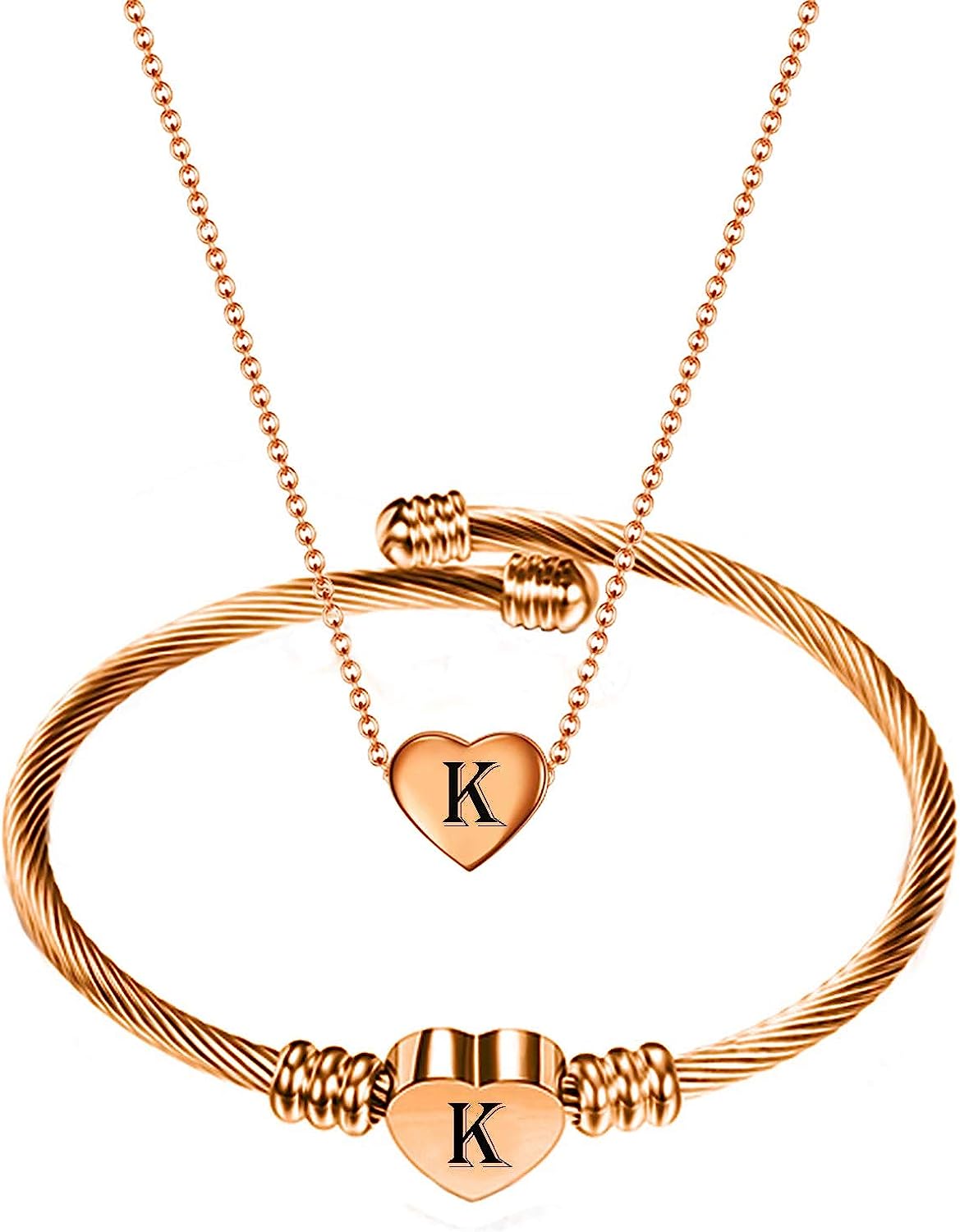 Rose gold heart bracelet and necklace set with initial pendants