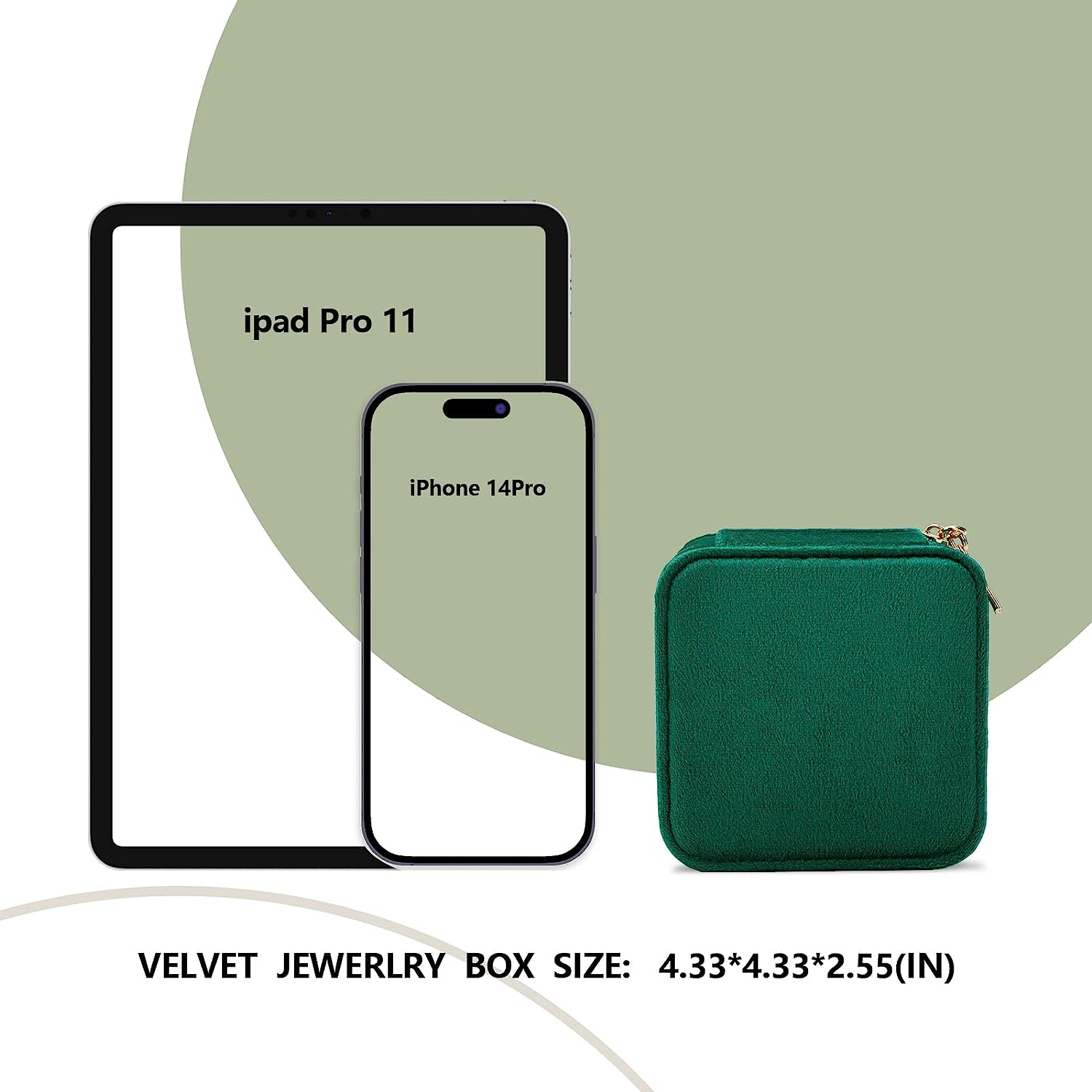 Green case size comparison infographic against a tablet and phone