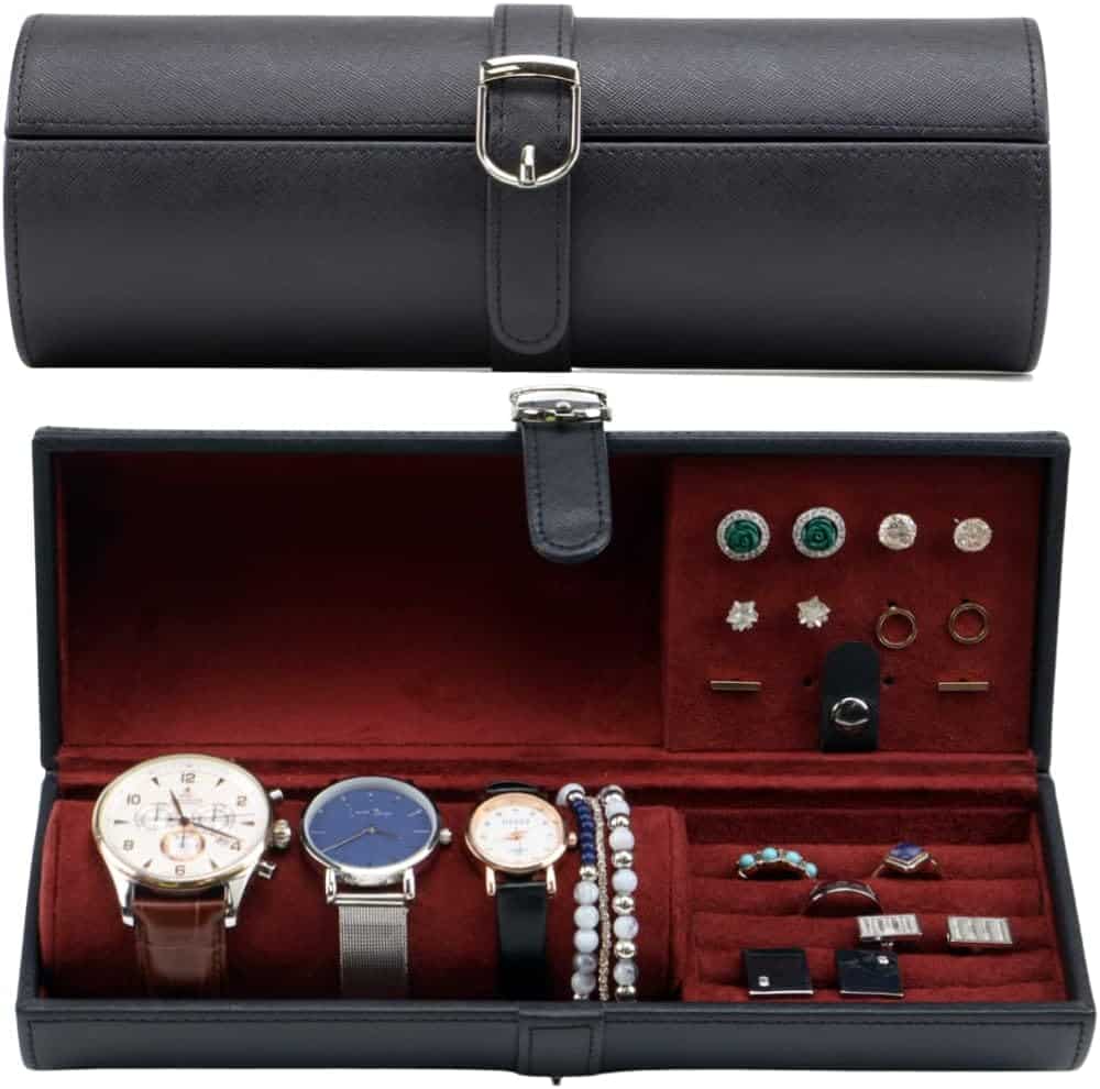 Black watch roll open holding two watches and cufflinks