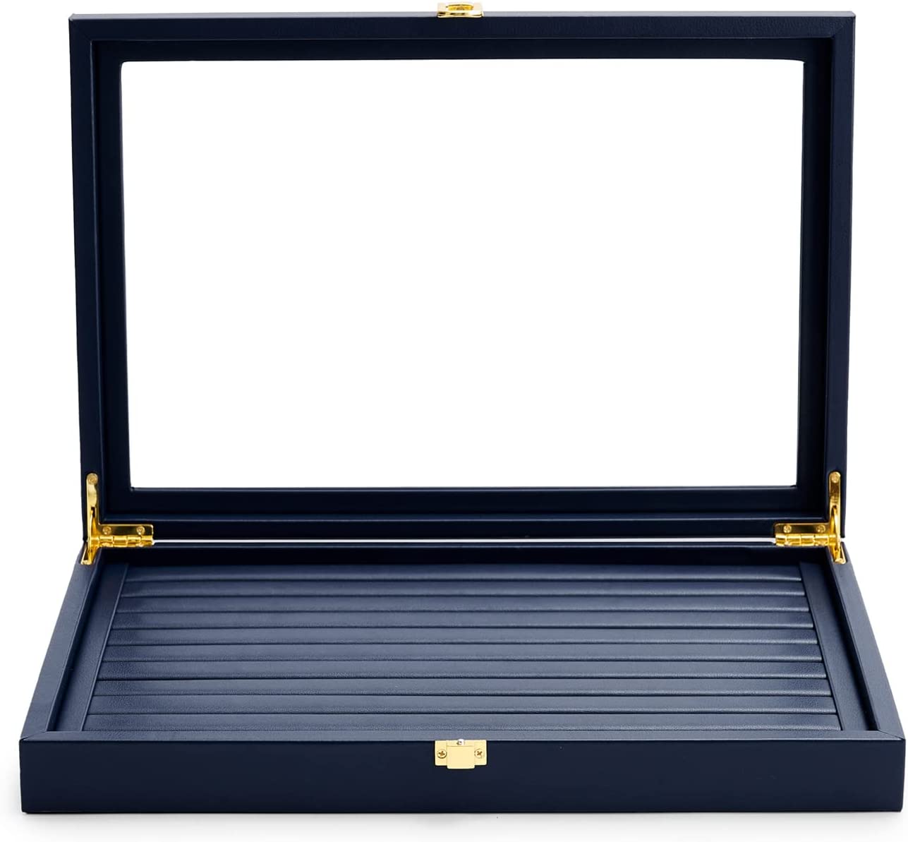Open navy jewelry display case with glass lid on a white background