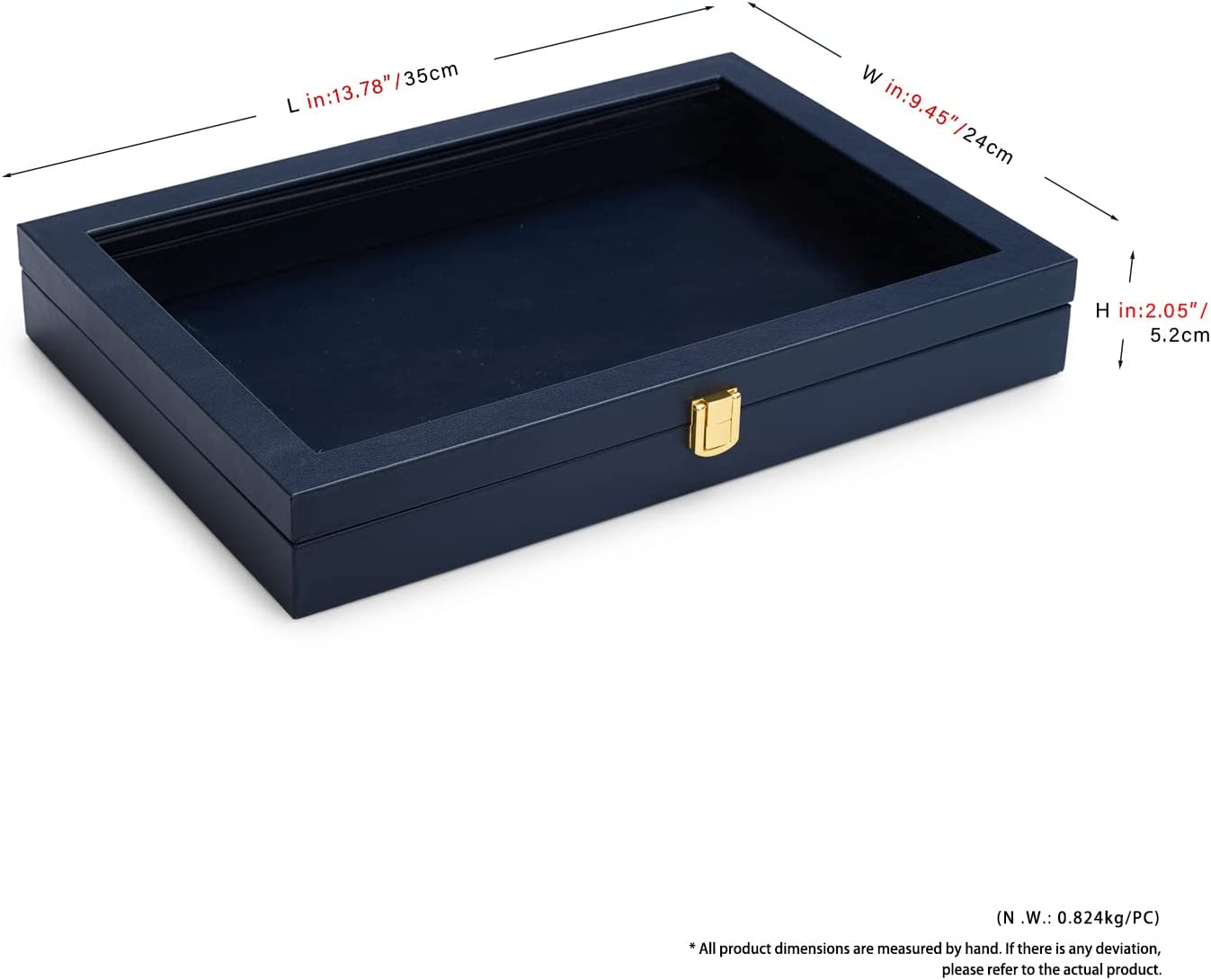 Dimension diagram of a flat navy jewelry tray with gold clasp