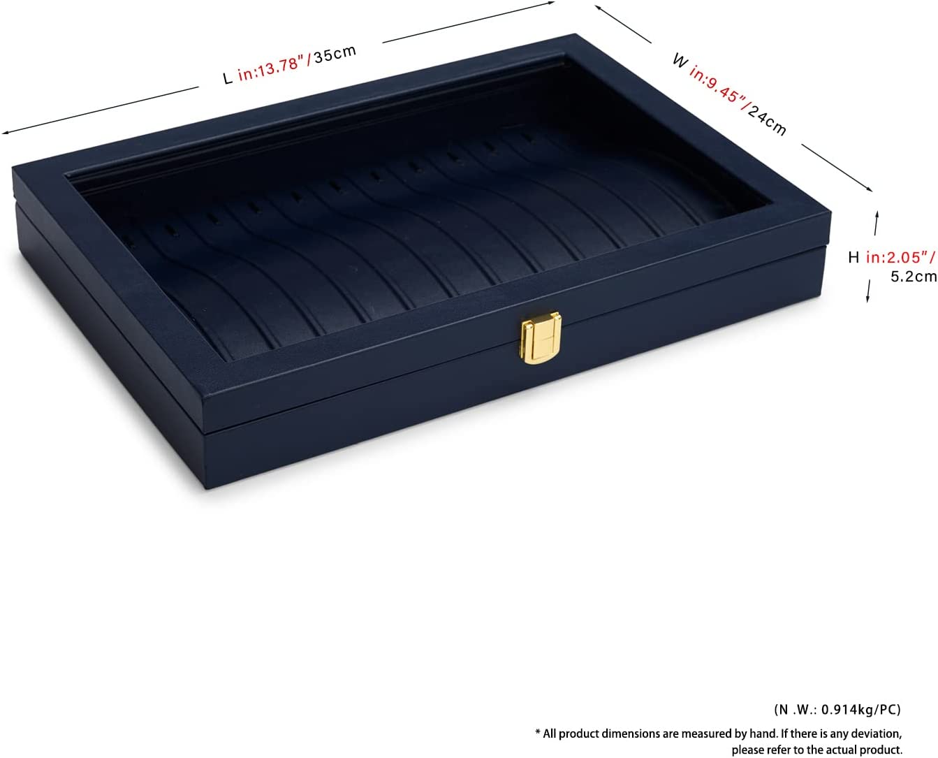 Dimension diagram of a plain navy display case base with measurements