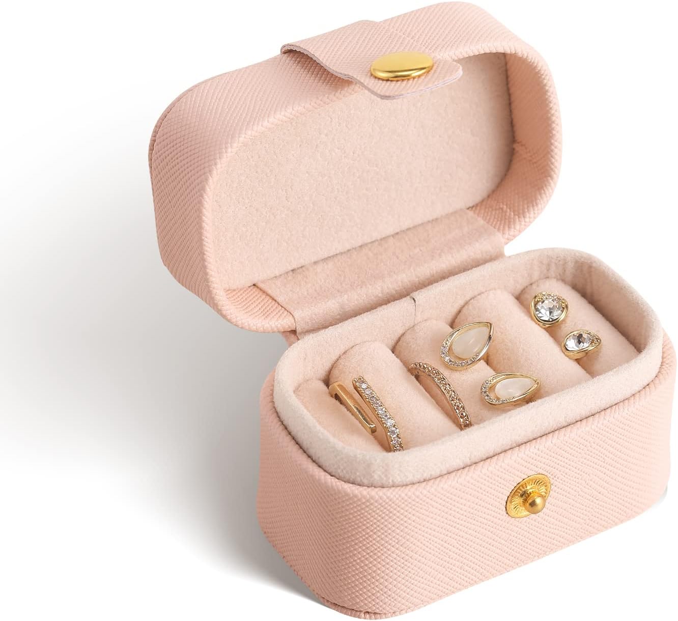 Blush mini double-clasp case open with ring roll and stud lid