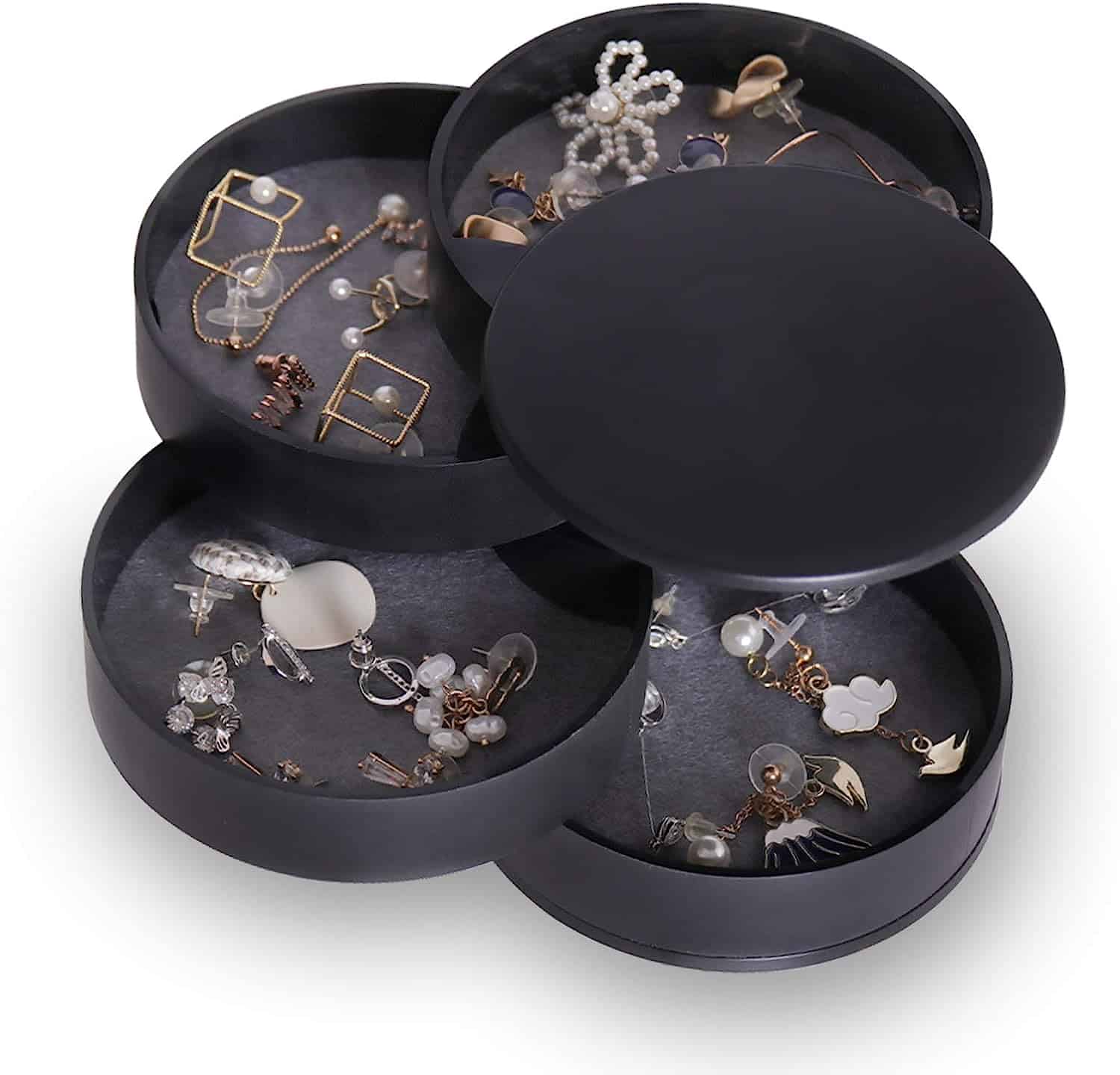 Black four-layer round tower opened flat with jewelry on each tier