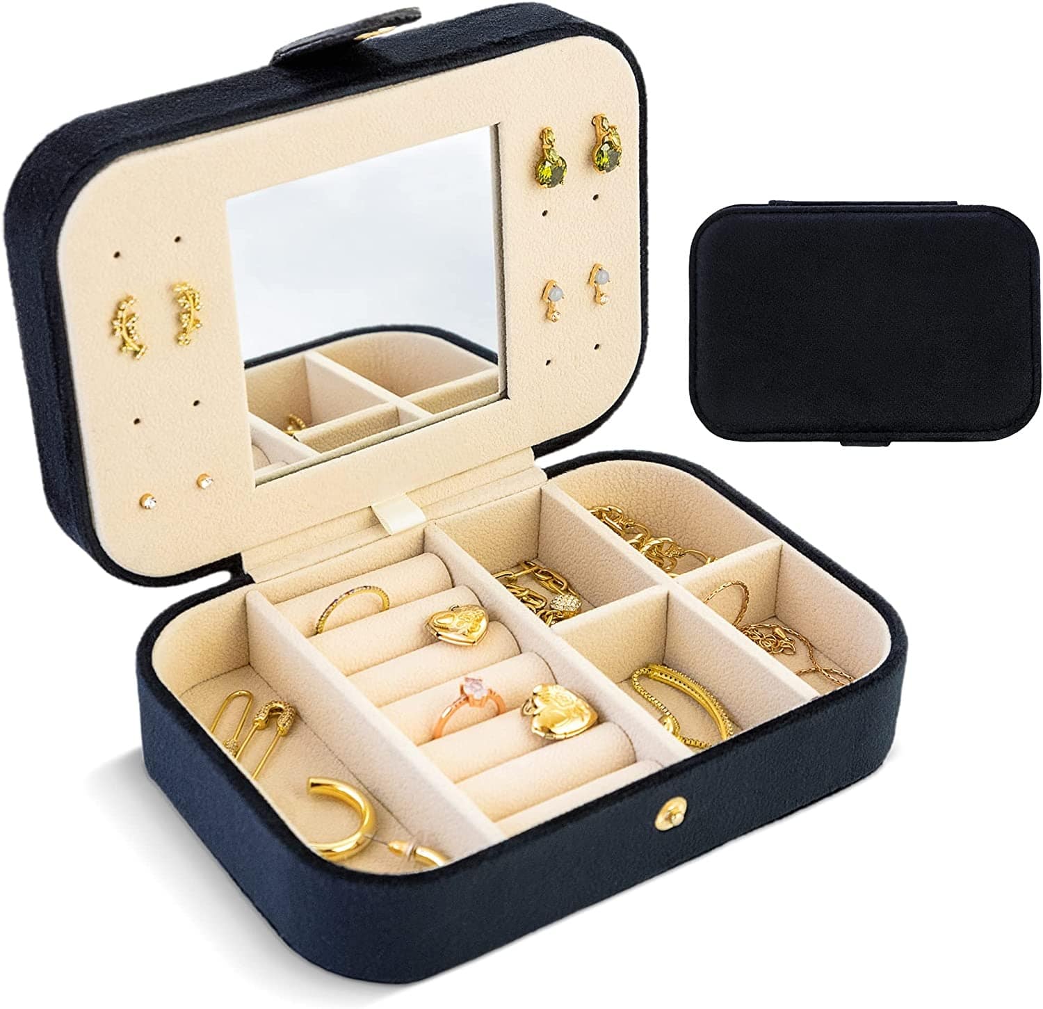 Black two-tier travel case open with mirror and earring panel