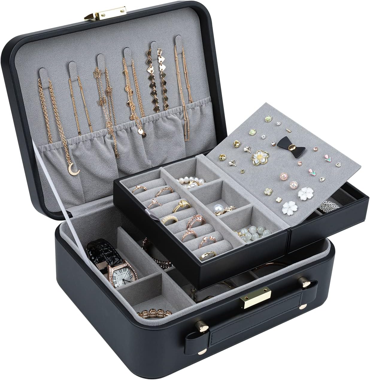 Black quilted jewelry trunk open with a grey fitted tray