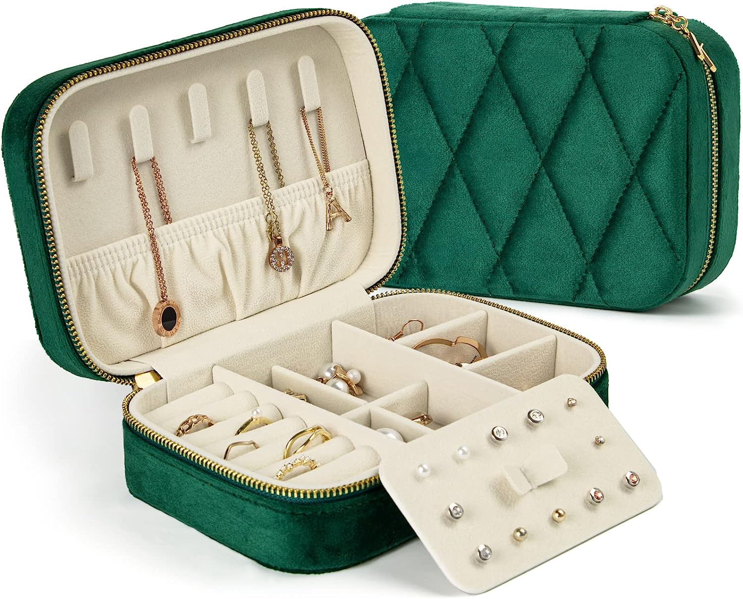 Forest green quilted velvet case open beside its standing lid