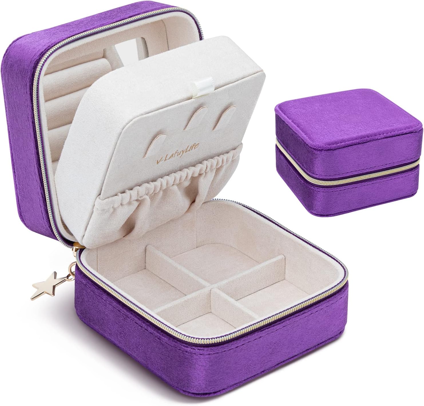 Purple velvet square case open with mirror beside its lid