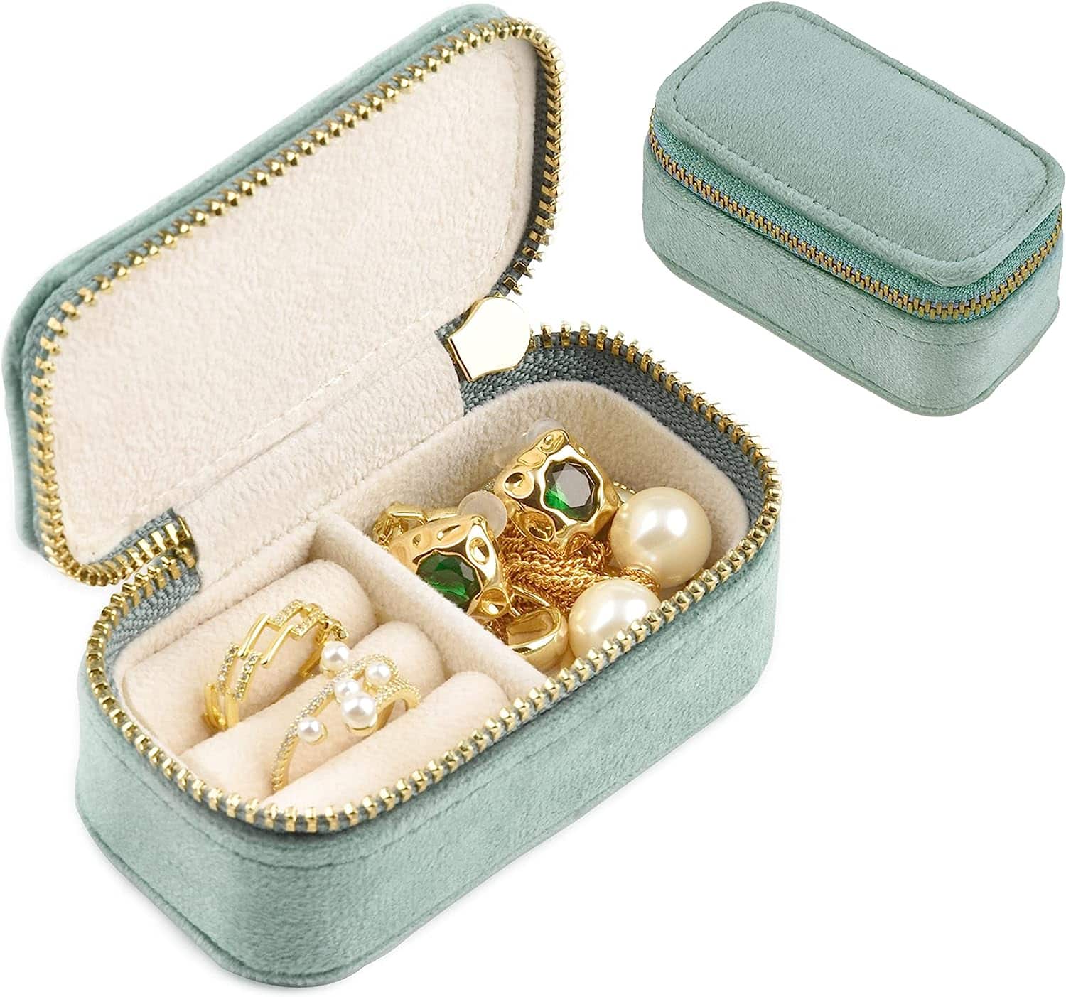 Mint green zippered jewelry case open and filled with jewelry