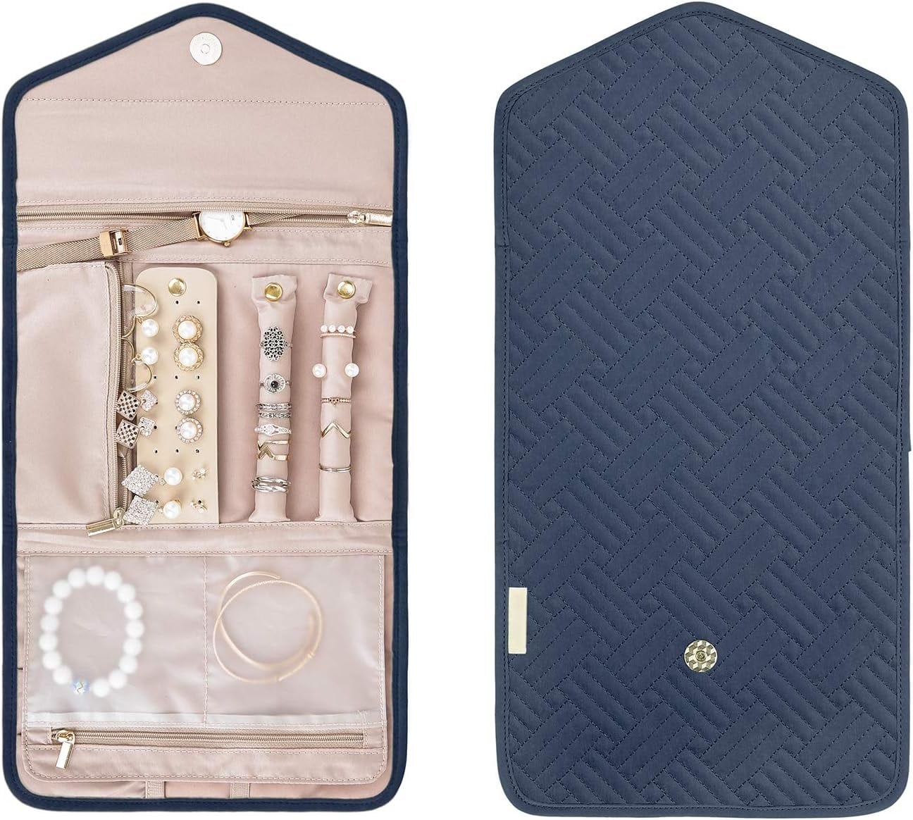 Navy jewelry roll open beside its folded envelope case