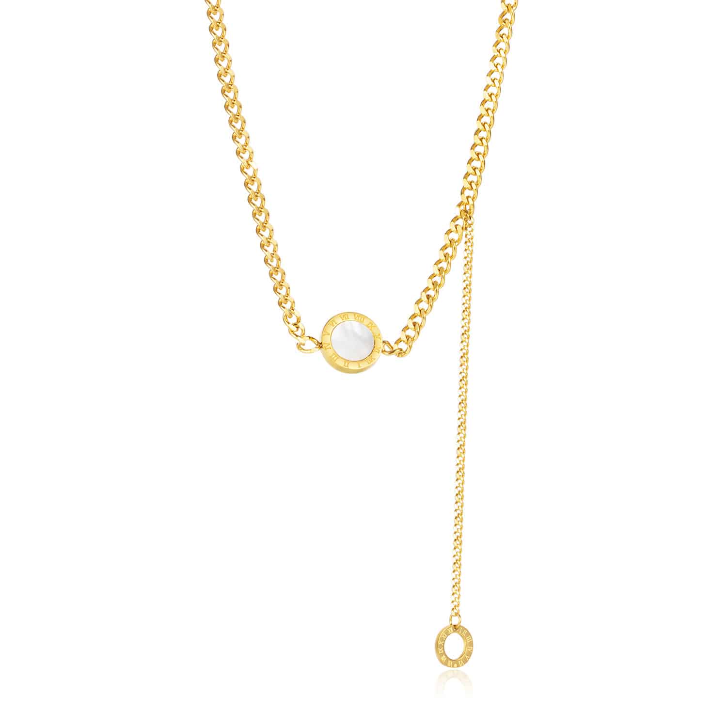 Gold circle-clasp necklace with a drop tail chain