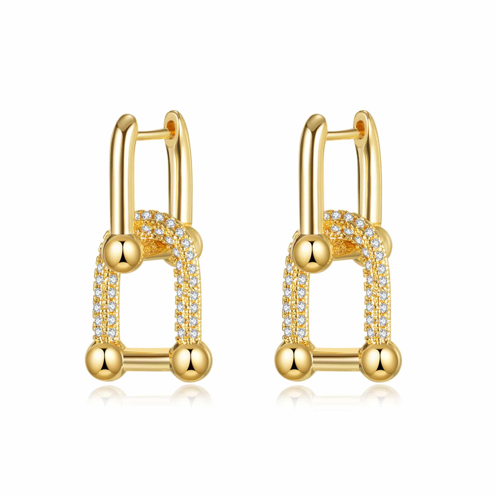 Gold geometric drop earrings with a zircon band
