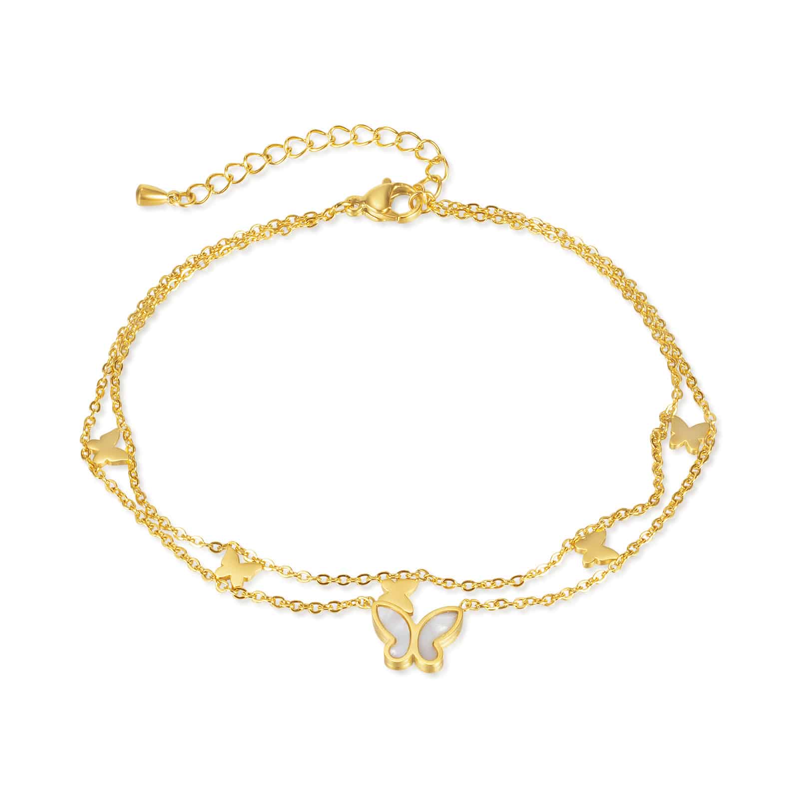 Gold double-layer butterfly anklet, flat lay
