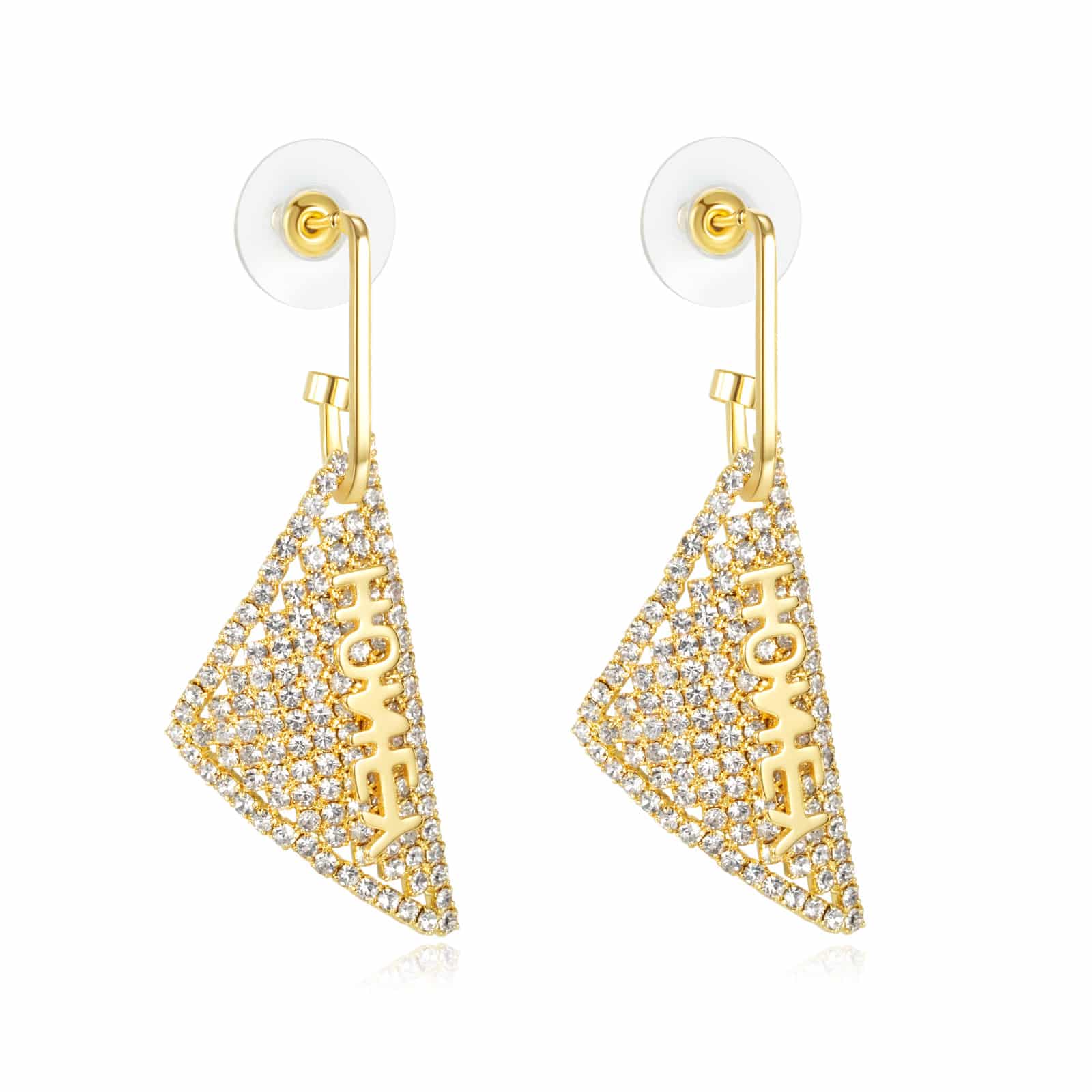 Gold cut-out triangle drop earrings on white