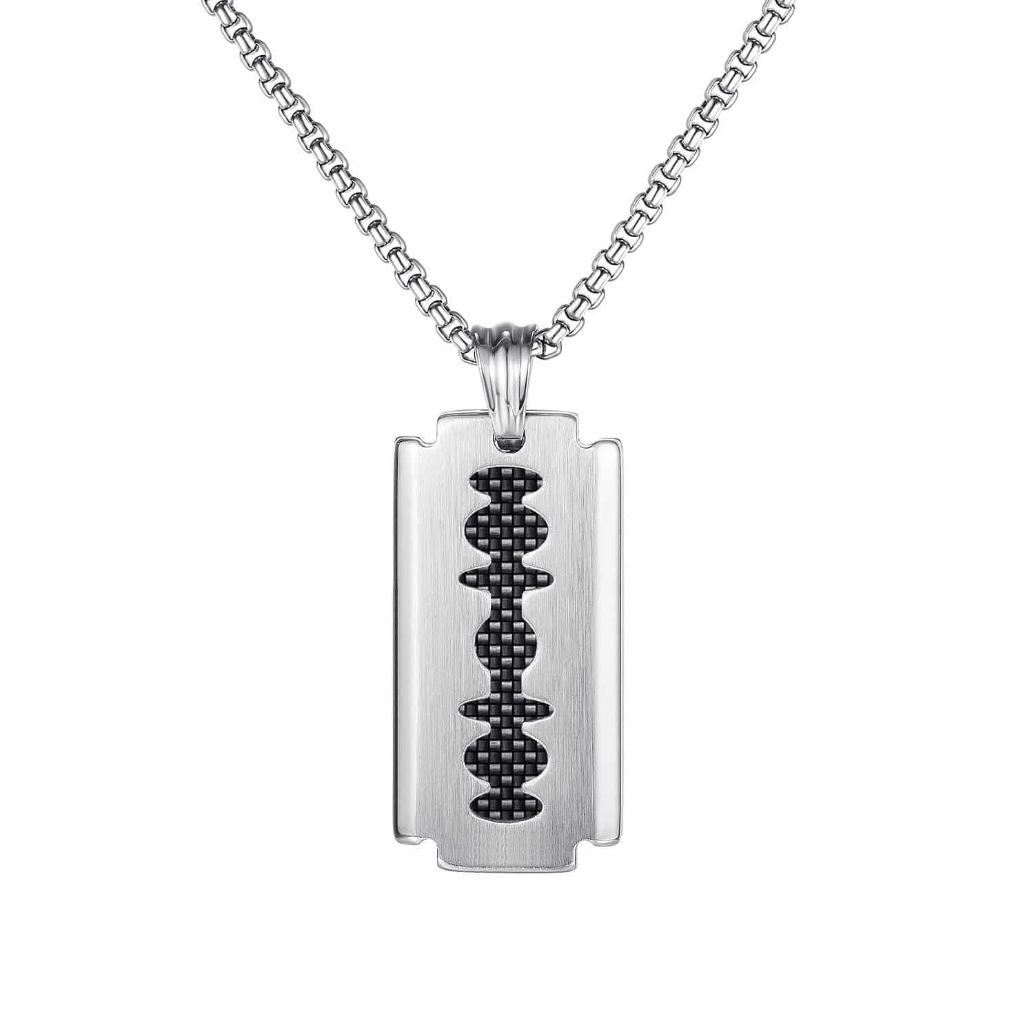 Silver razor-blade pendant on a box chain, front view