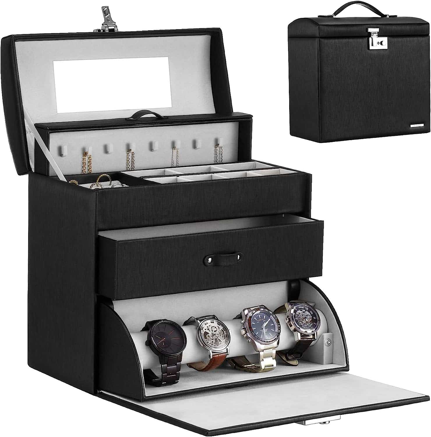 Black locking jewelry cabinet open with a watch drawer