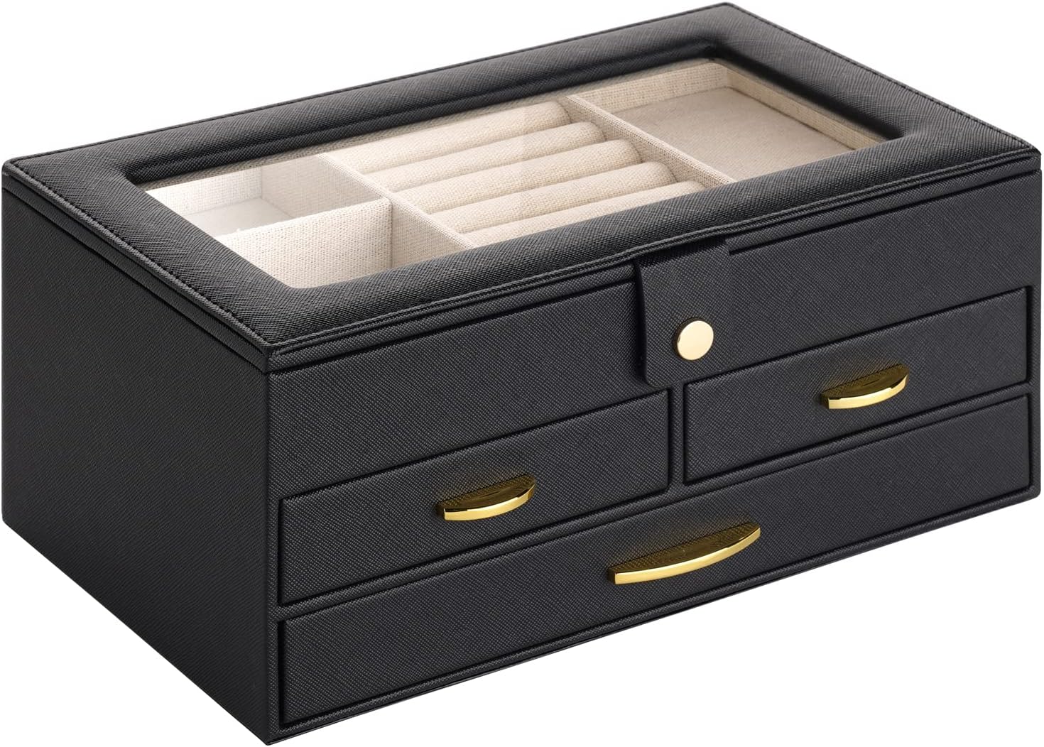 Black jewelry box with glass lid and two gold-handled drawers