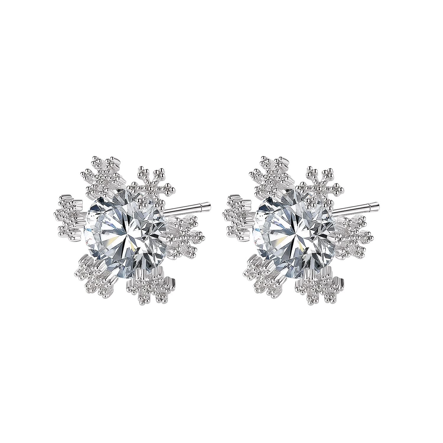 Crystal snowflake stud earrings, close view on white