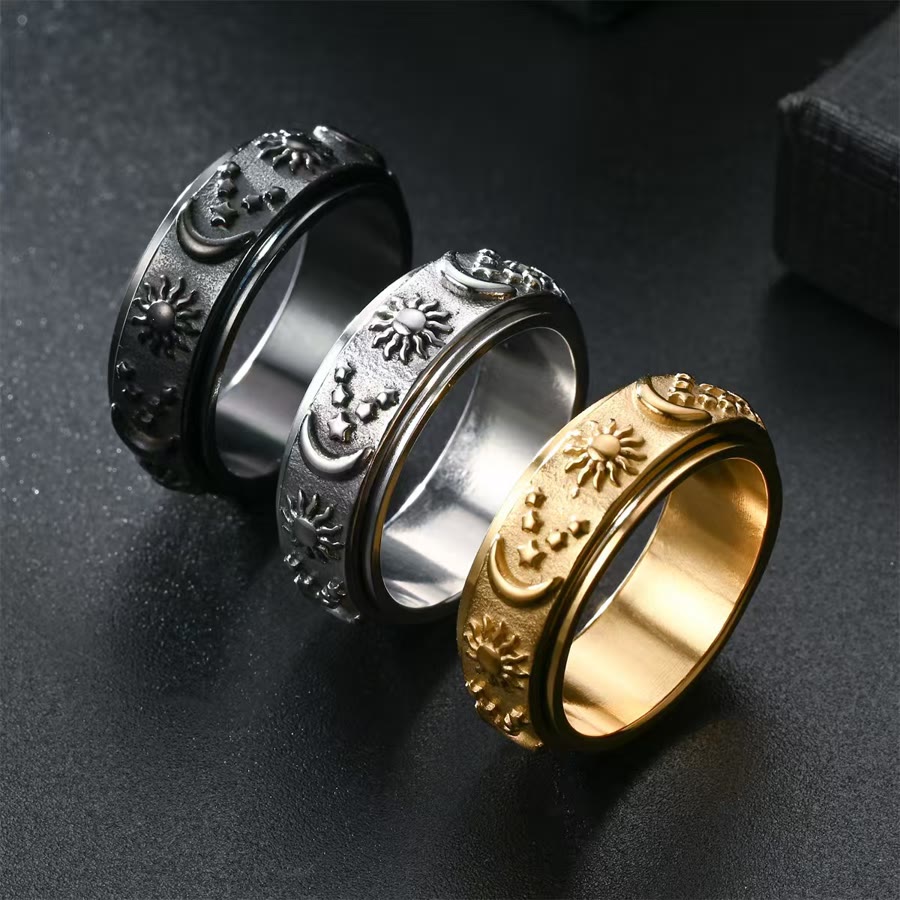 Rotating titanium steel ring with sun and moon motifs, bohemian style