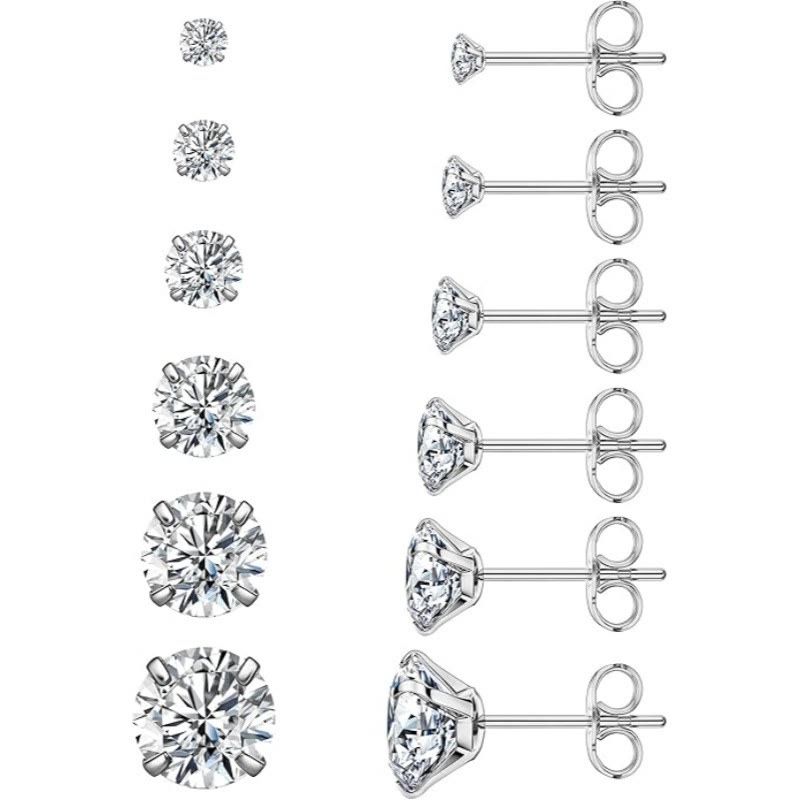 316L stainless steel cubic zirconia stud set, 3 to 8mm