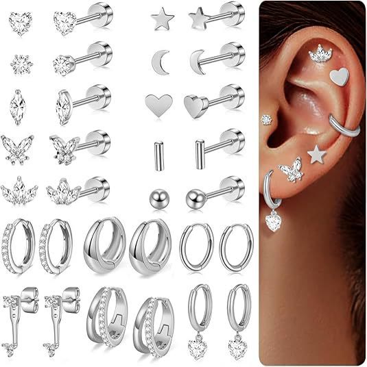 Stainless steel heart and moon zircon stud earring set