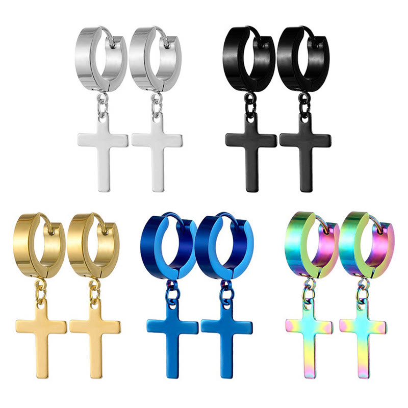 Short titanium steel cross drop earring, hip-hop and punk style