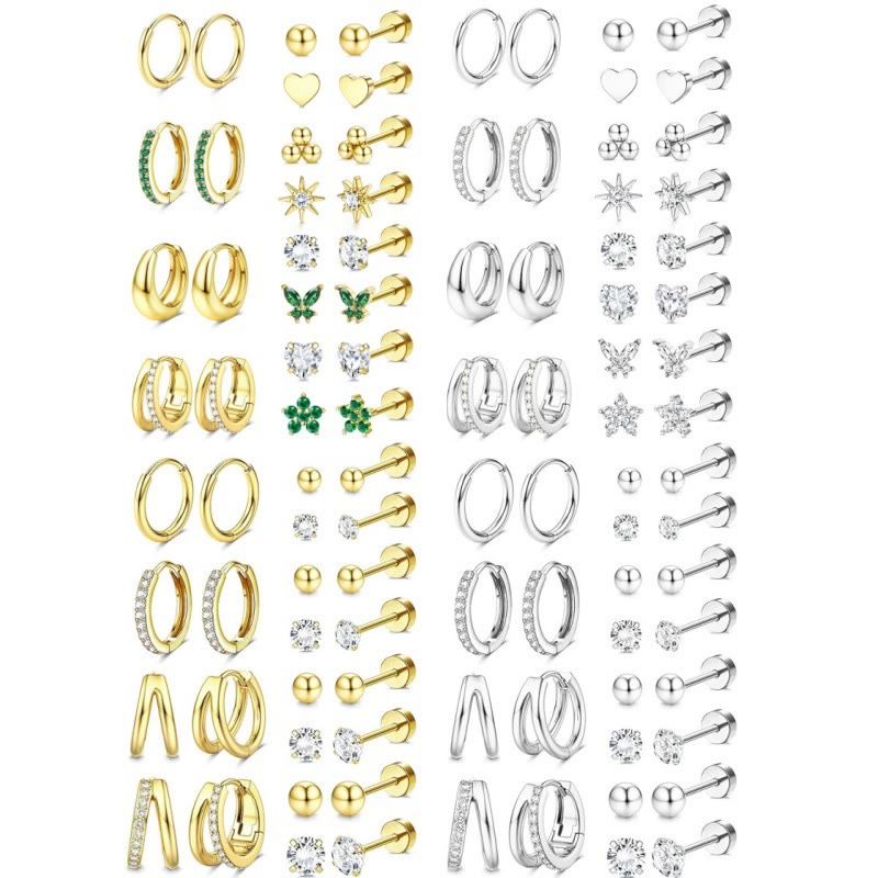 Stainless steel two-tone gold and silver earring set with heart and star clips