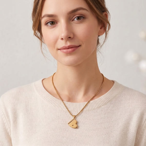Gold heart locket pendant necklace worn by a model