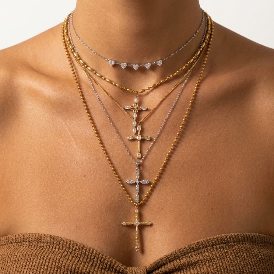 Layered cross pendant necklaces with pave zircon settings