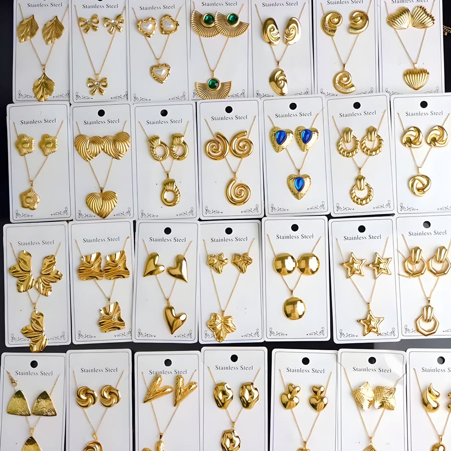 Stainless steel 18k gold necklace and earring set