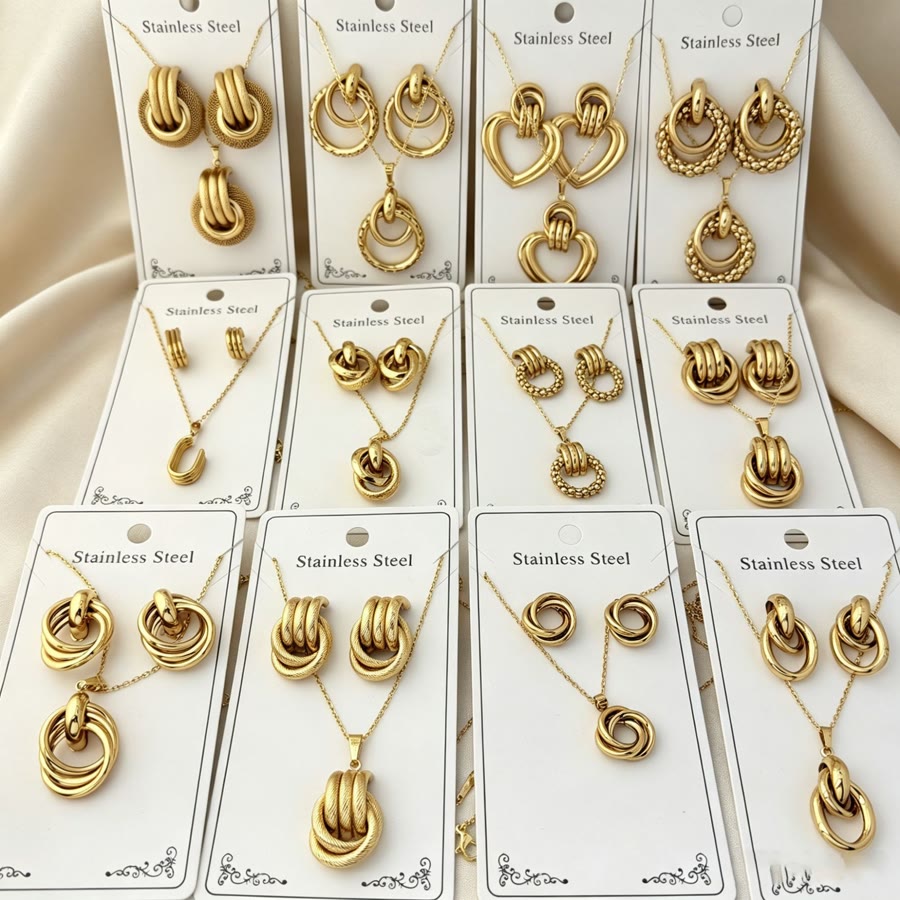 Gold titanium steel necklace and earring set for women