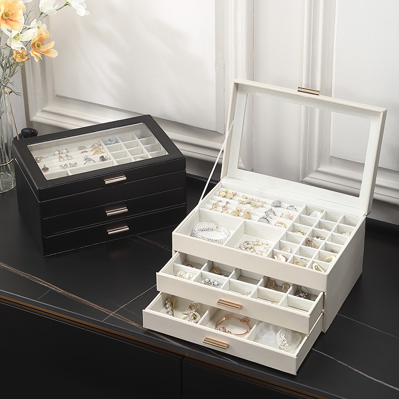 3 tier jewelry box with glass lid for drawer storage